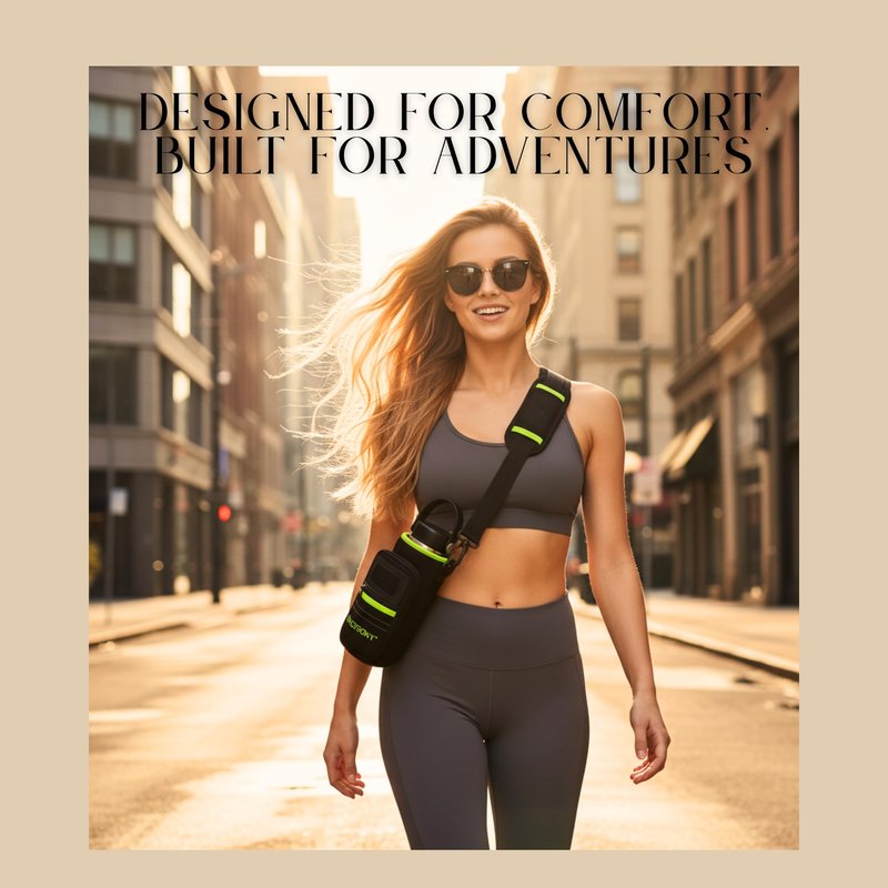 Neoprene Water Bottle Sleeve for 12/20/32 oz Bottles - Water Bottle Holder with Straps for Shoulder/Crossbody - Pockets for Phone, Keys & Cards – Sling Bag for Outdoor/Running/Hiking/Camping (Green)