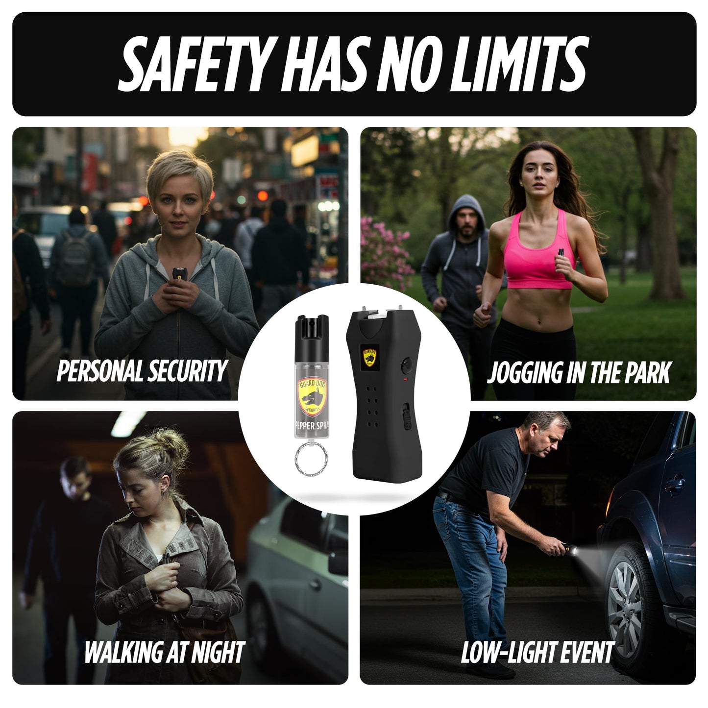 Guard Dog Security Mini Stun Gun Flashlight Rechargeable and Pepper Spray Self Defense Keychain for Women, Stun Gun Flashlight and Pepper Spray Combo, Personal Safety Value Set (Jet Black)