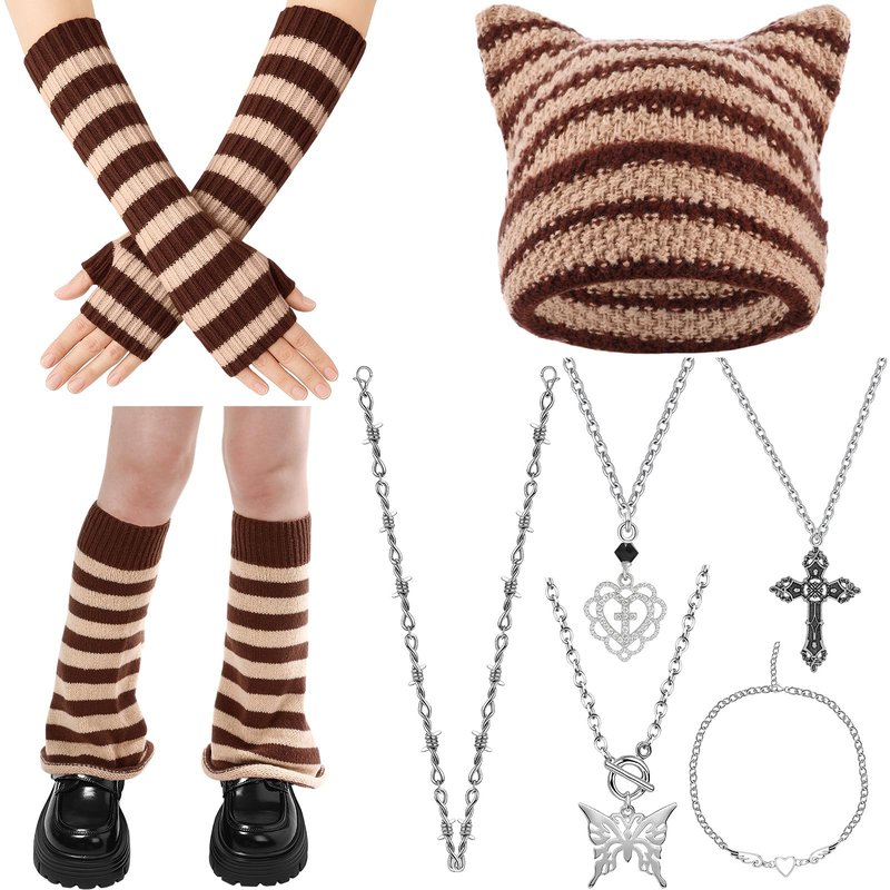 Mepase 8 Pcs Y2k Grunge Cat Beanie with Therian Leg Covers, Emo Gothic Fingerless Knitted Gloves and Necklace