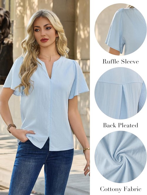 Blooming Jelly Women's Casual Blouse - Stylish Ruffle Short Sleeve V-Neck Top for Summer Work