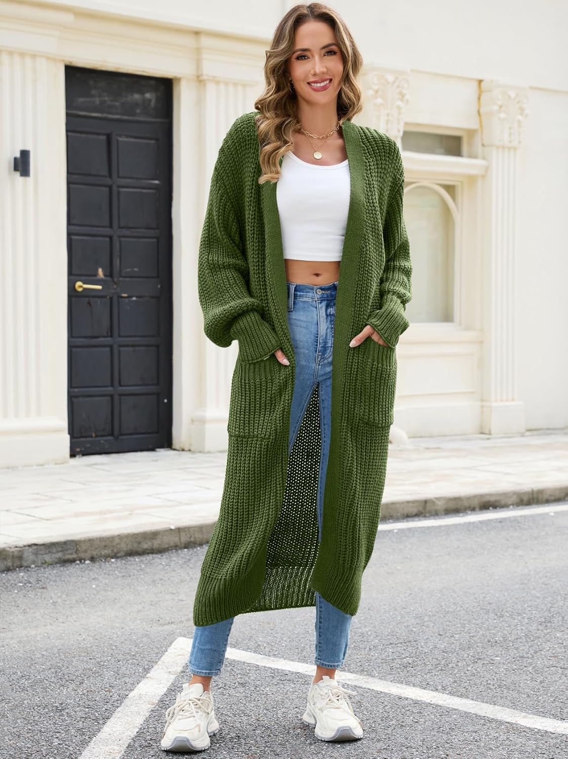 Skiennix Women's Oversized Cardigan Sweater - Cozy Knit Long Coat with Pockets for Fall/Winter