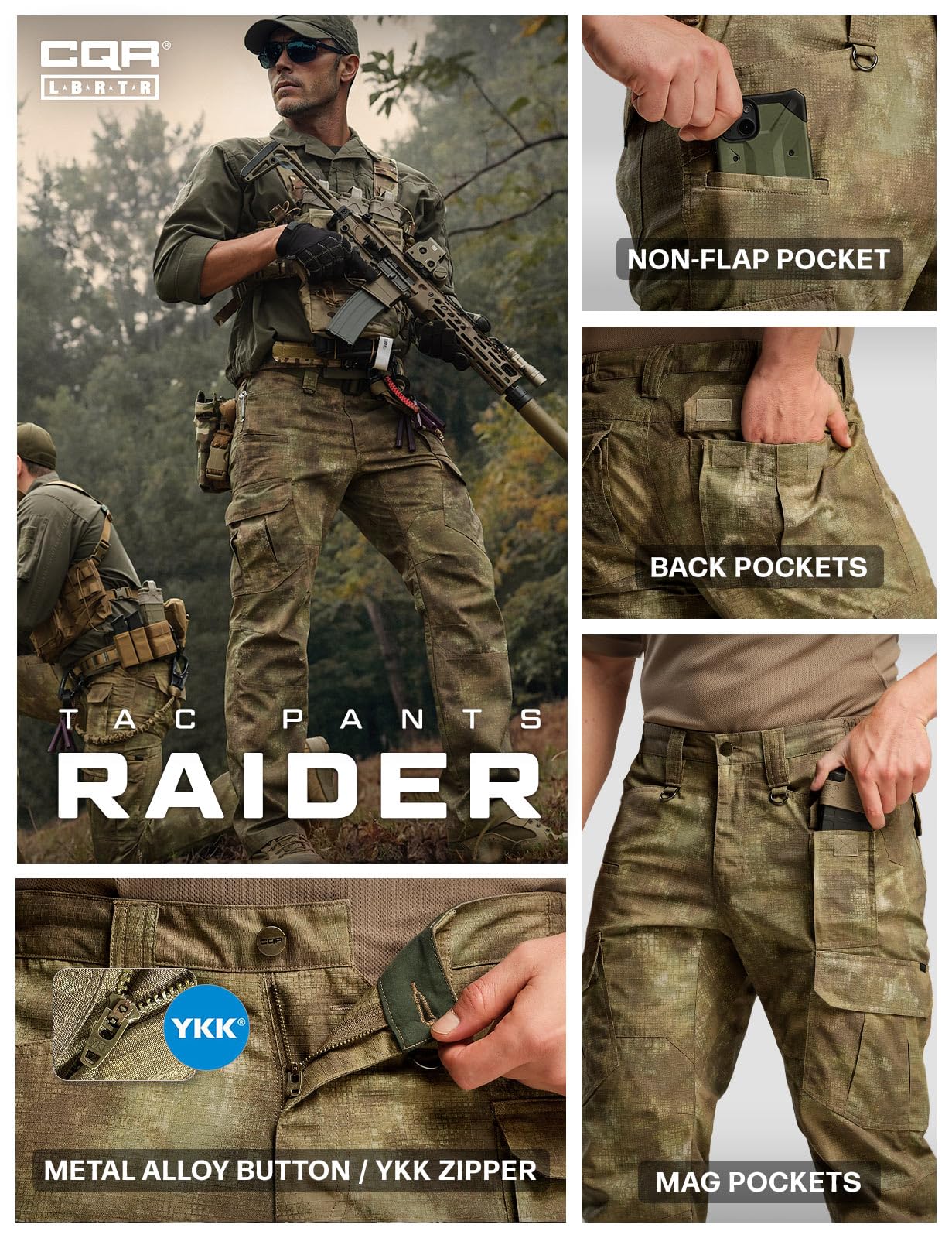 CQR Men's Tactical Pants, Water Resistant Ripstop Cargo Pants, Lightweight EDC Work Hiking Pants, Outdoor Apparel, Duratex Mag Pocket Print Fractal Camo, 38W x 34L