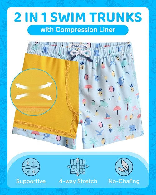 Maamgic Boys Swim Trunks - Quick Dry Bathing Suit with Compression Liner | 4-Way Stretch Toddler Shorts