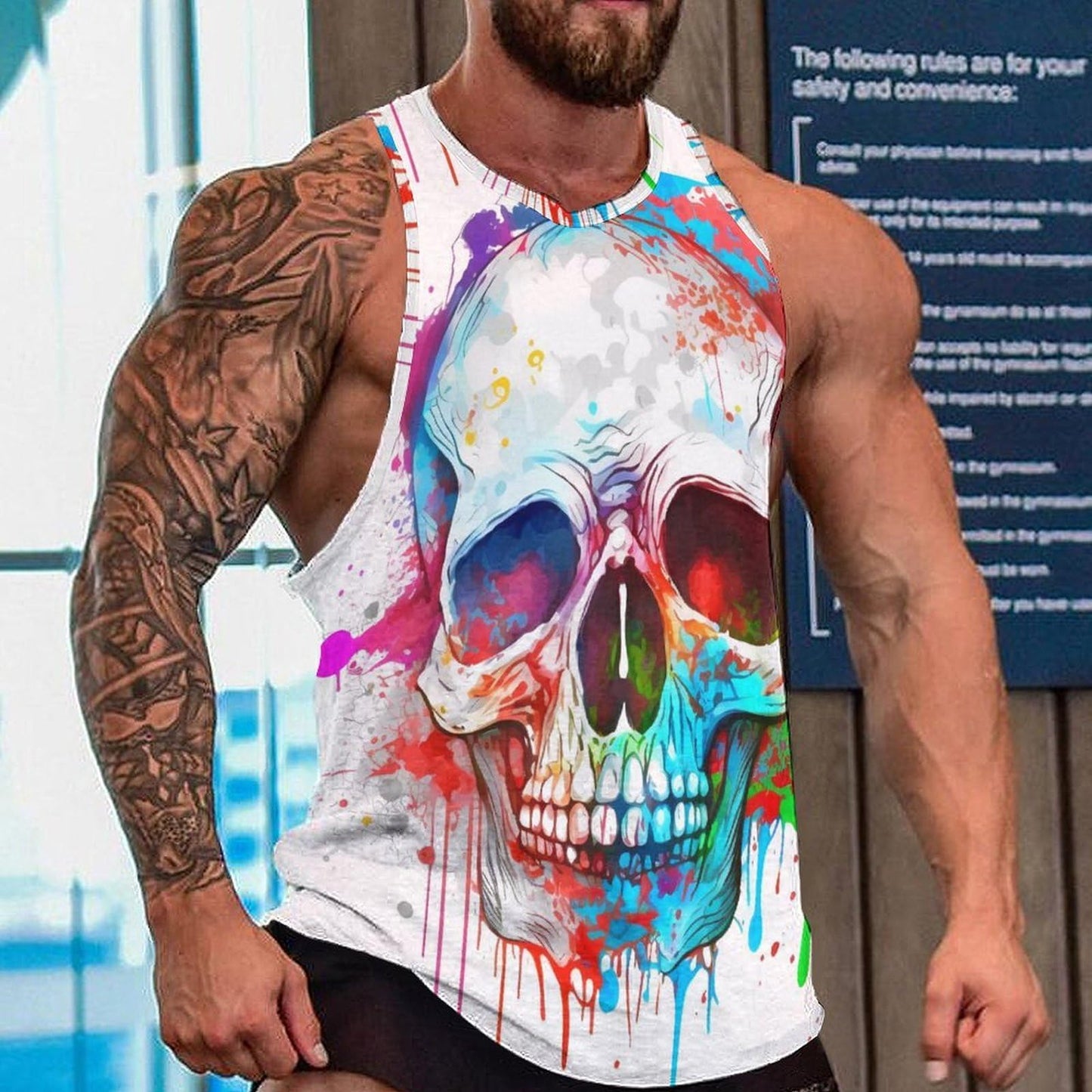 Men Tanks Top Funny Watercolor Splash Ink Skull Beach Undershirt Hawaiian Tropical Workout Sport Gym Tees Holiday Top Vest Travel Surf Apparel X-Large