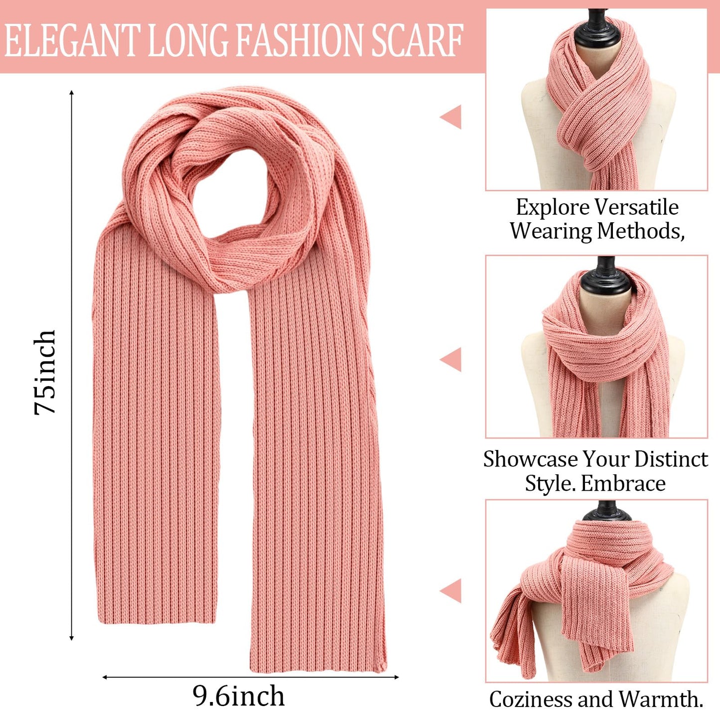 Geyoga 3 Pcs Winter Beanie Hat Scarf Gloves Set Warm Winter Knit Hats with Pom Long Scarf Touchscreen Gloves for Women Men(Pink)