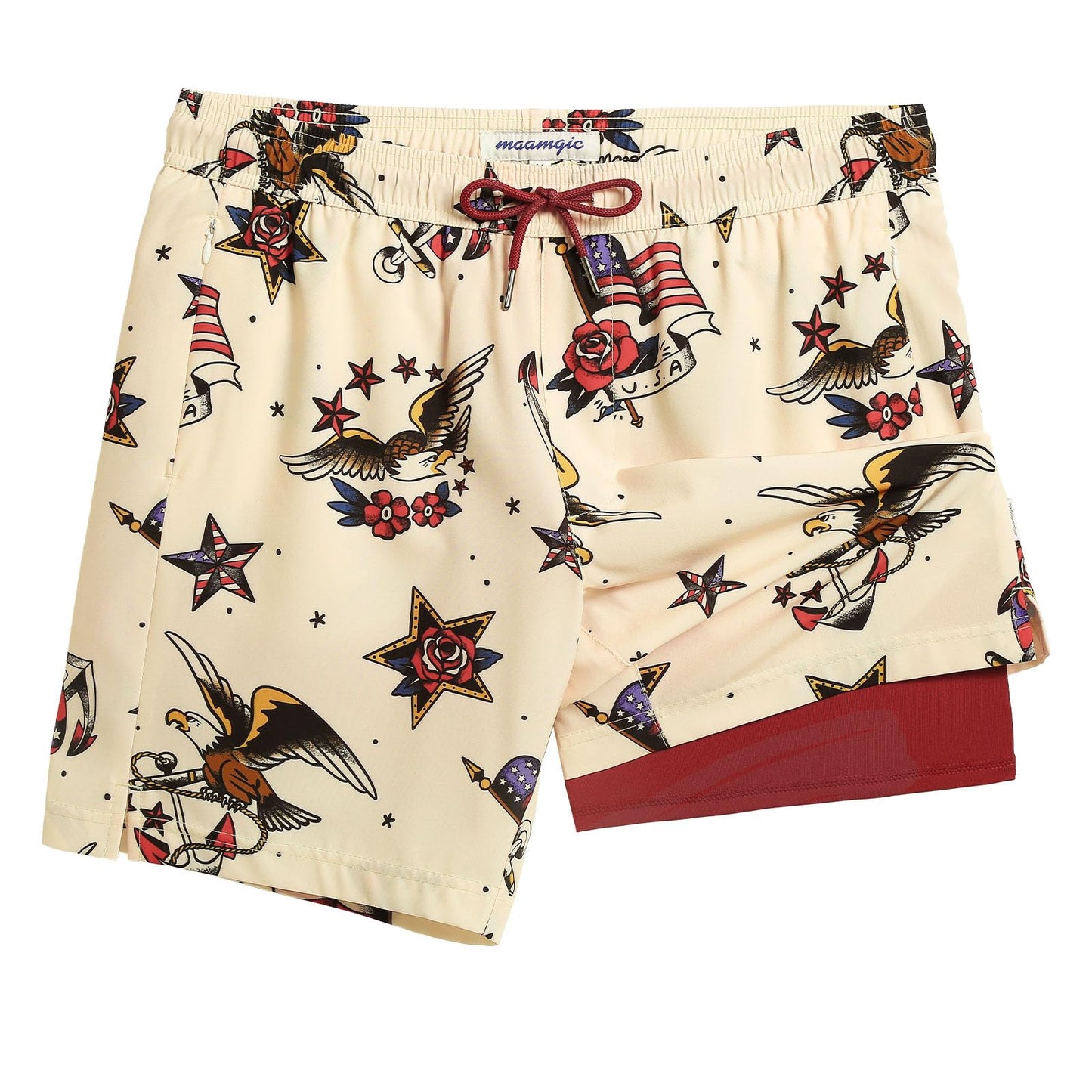 maamgic 7 Inch Mens Swim Trunks with Compression Liner Board Shorts with Zippered Pocket Bathing Suit for Beach Vacation Beige and Red Eagle American Flag Medium