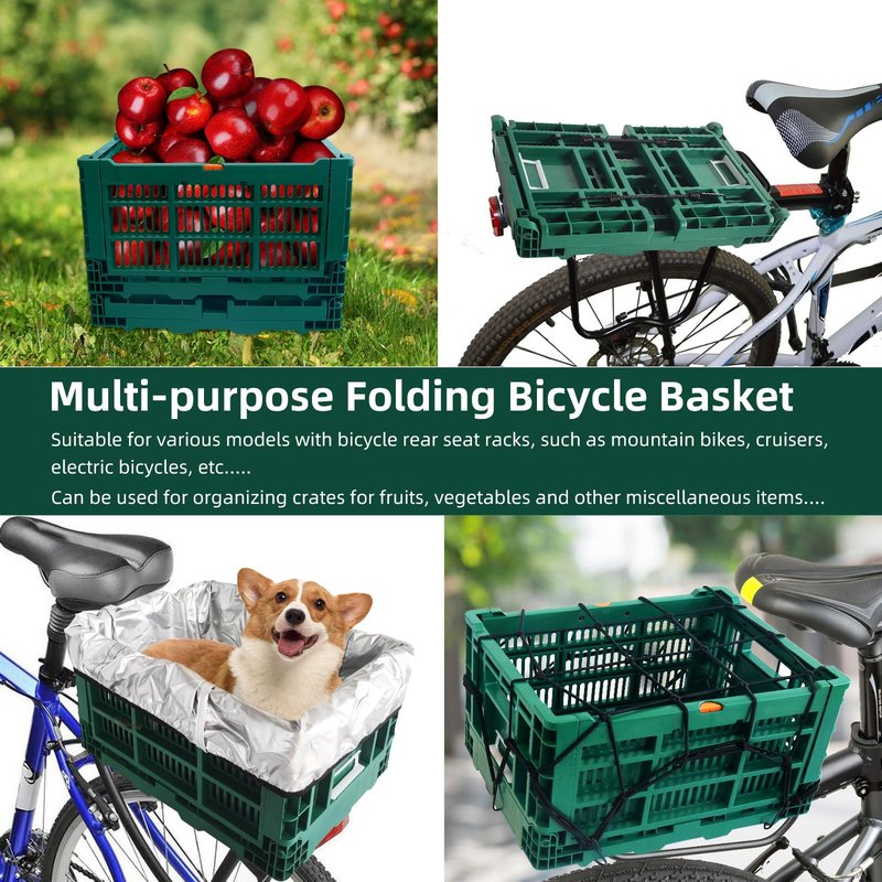 Bike Basket Rear, Foldable 35L Large Capacity Rear Bike Basket, and Durable Bicycle Foldable Rear Basket, Waterproof Cover for Shopping,Outings,Pets E-Bike Accessories (Green)