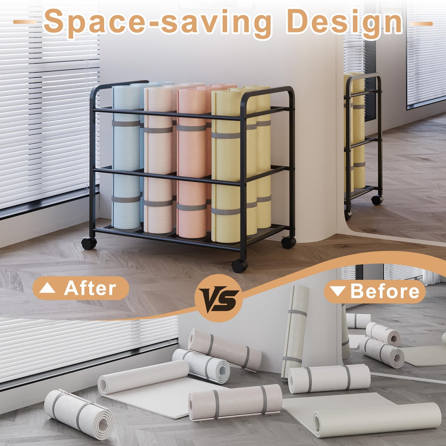 Lutown-Teen Yoga Mat Storage Rack with Wheels, Yoga Mat Rack for Fitness Class, Home, Gym, Workout Room, Home Gym Storage with Rounded Corners, Large-Capacity, Easy Assembly, Black