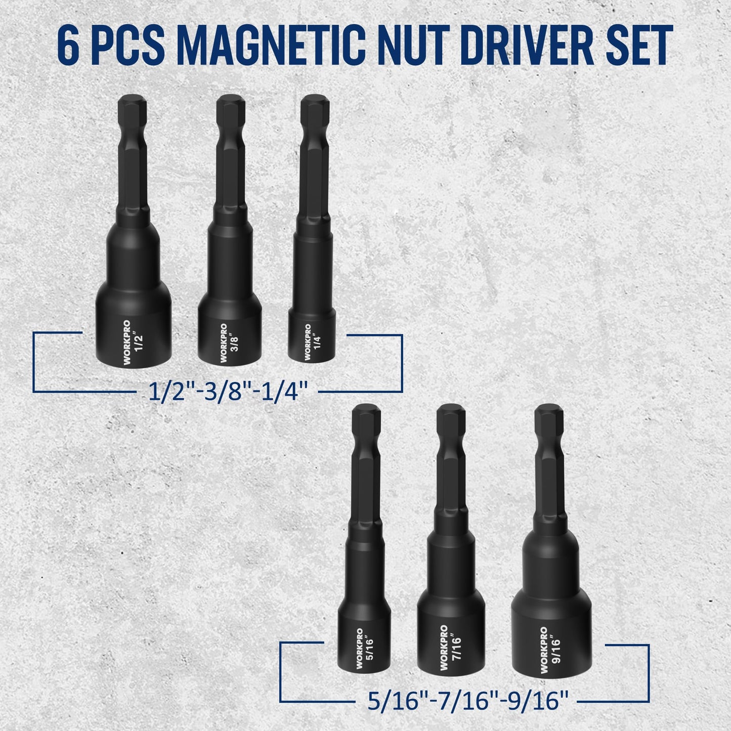 WORKPRO 6 PCS Magnetic Nut Driver Set, Metric & SAE, 1/4" Hex Shank, Drill Socket Set, Impact Driver Bit Set, 1/4” to 9/16”, Chrome Vanadium Steel