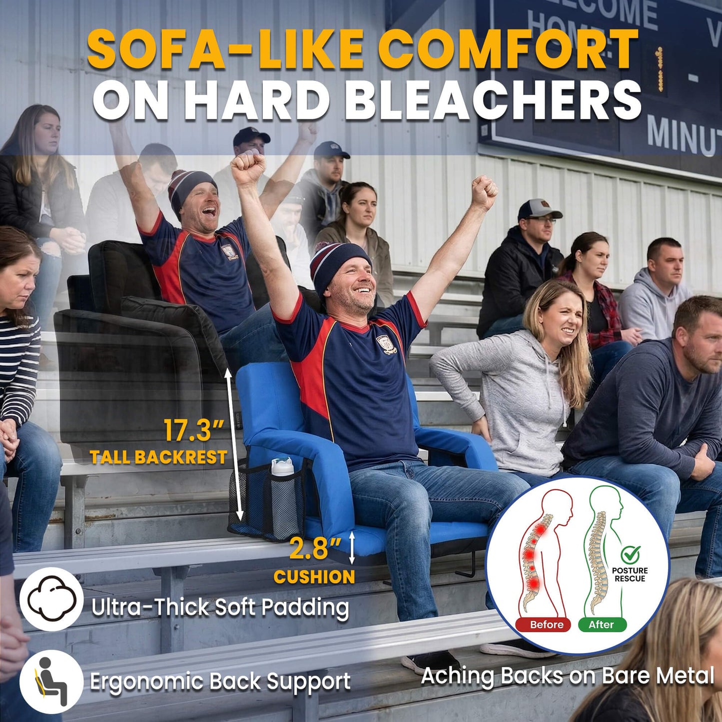 Sheenive Stadium Seat with Back Support (2 Pack) - 2.8'' Thick Comfy Cushion, Wide Padded Reclining Bleacher Seat with Armrests - Includes Backpack Strap, Carry Handle, 2 Cup Holders & 2 Large Pockets