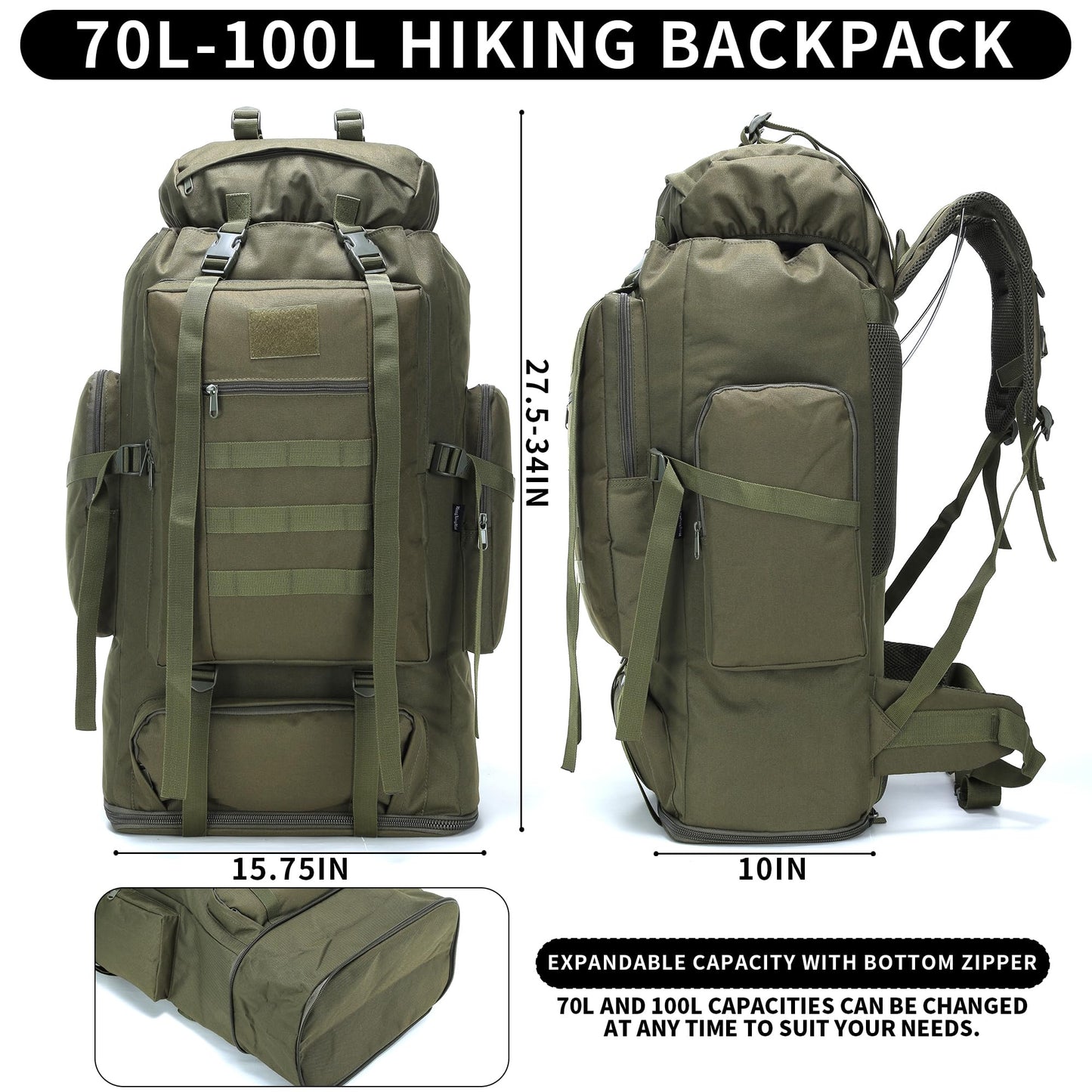 W WINTMING Hiking Backpack for Men 70L/100L Camping Backpack Military Rucksack Molle 3 Days Assault Pack for Climbing