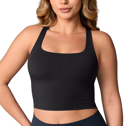 UNISSU Hugcurve Adjustable Racerback Longline Sports Bras Square Neck Padded Yoga Workout Crop Tank Tops for Women Black Medium