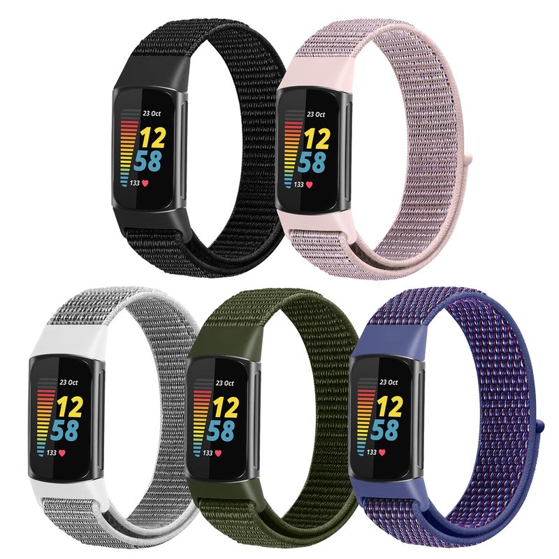 WNIPH Nylon Loop Watch Bands Compatible with Fitbit Charge 6/Charge 5 Bands, 5 Pack Adjustable Soft Breathable Sport Loop Wristband Replacement Straps for Charge 5/Charge 6 Women Men