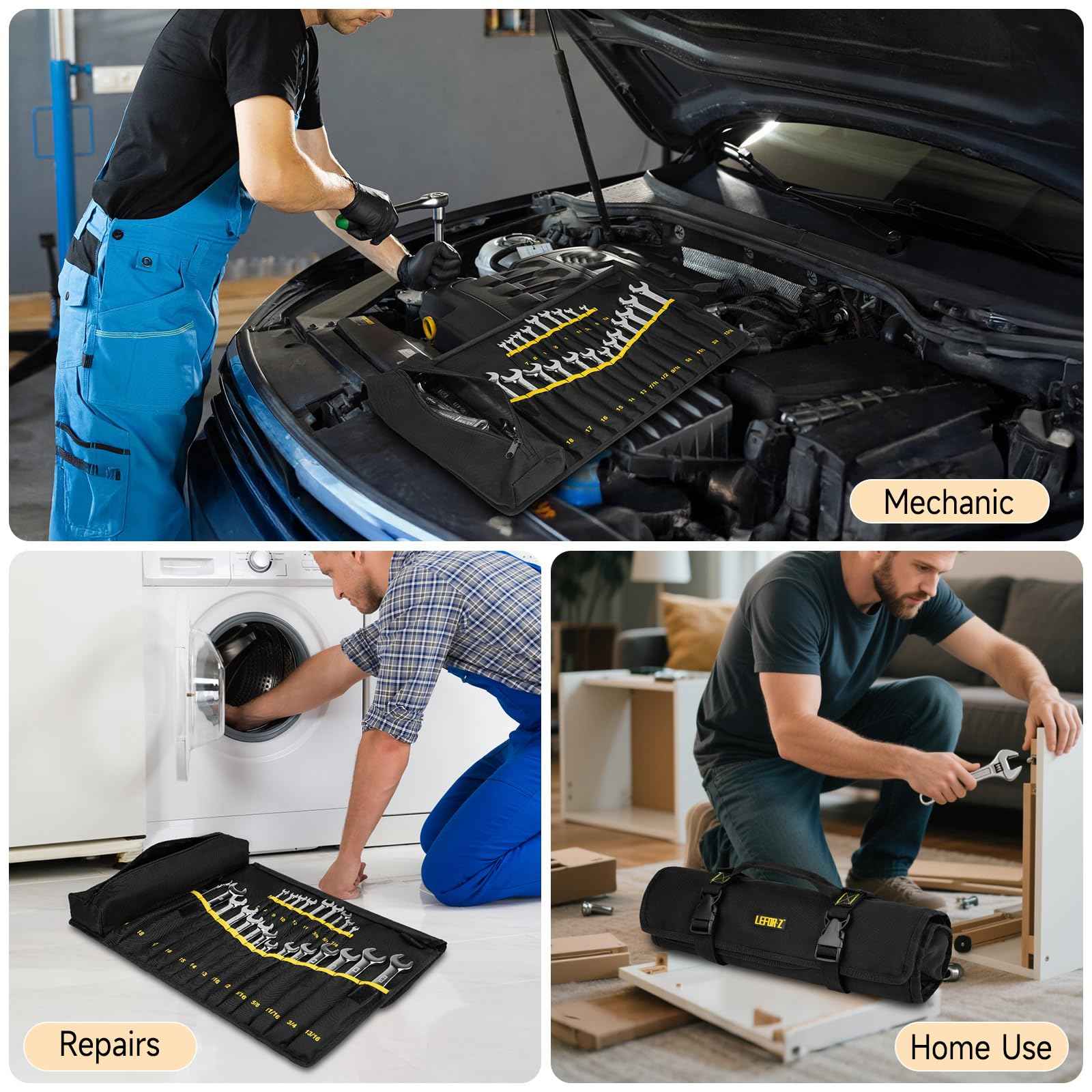 Wrench Roll Organizer (NOT for Ratcheting Wrench),Wrench Roll Up Pouch with 23+1 Pockets,Heavy Duty Tool Roll for Metric & SAE Wrenches,Large Wrench Holder Organizer Bag for Men,Mechanics(Black)