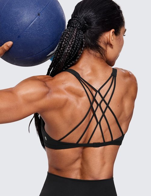 CRZ YOGA Women's Criss Cross Sports Bra - Wireless Padded Medium Support Gym Cami in Black