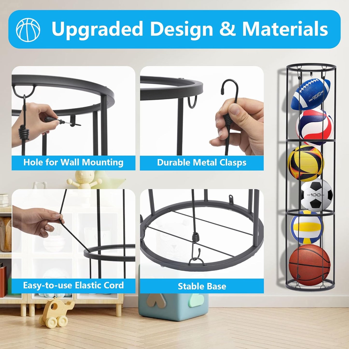 Skiennix 3-Layer Garage Ball Storage Rack - Wall-Mounted Vertical Organizer for Soccer, Volleyball, Football | Space-Saving Design