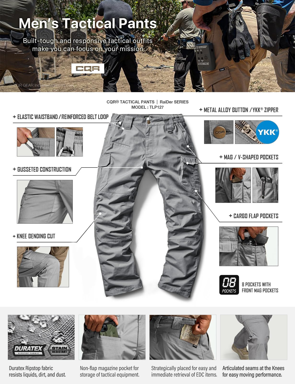 CQR Men's Tactical Pants, Water Resistant Ripstop Cargo Pants, Lightweight EDC Work Hiking Pants, Outdoor Apparel, Raider Mag Pocket Stone, 36W x 34L