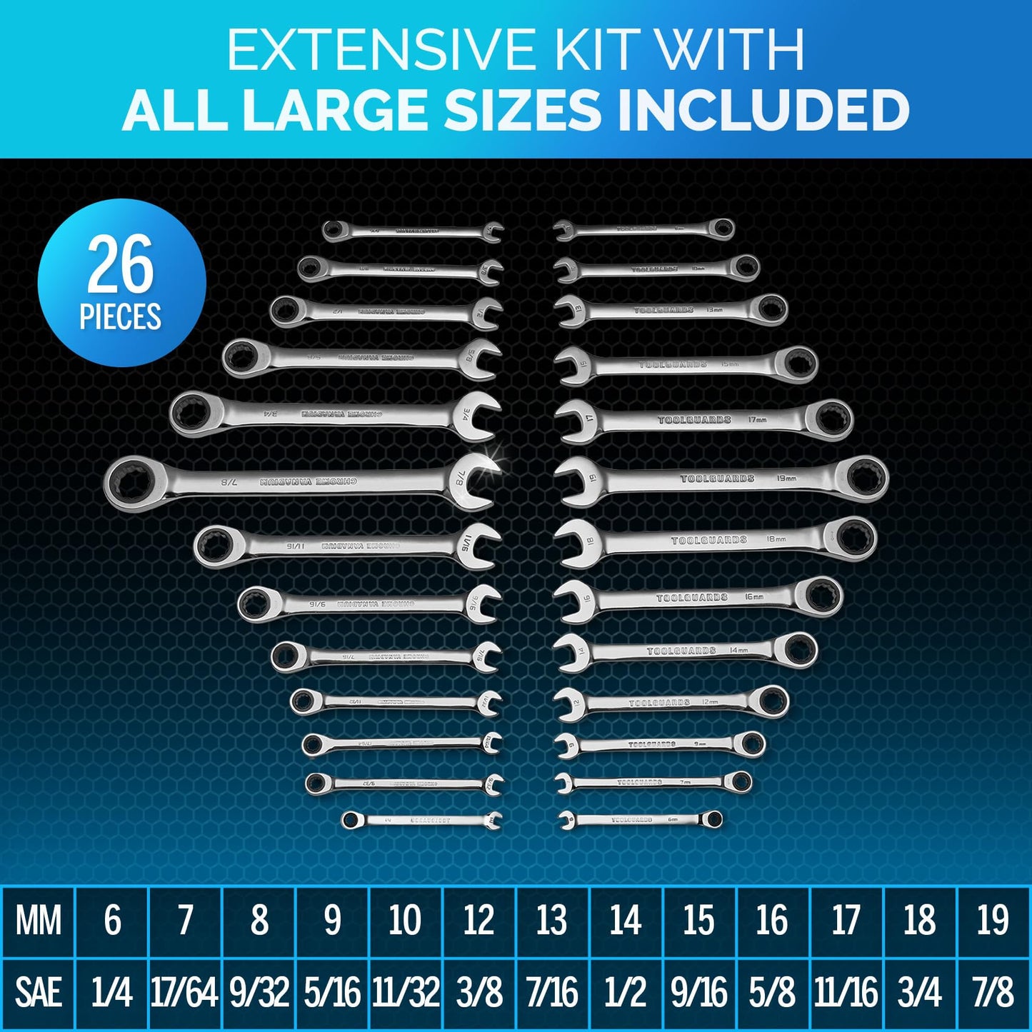 TOOLGUARDS Ratcheting Wrench Set 26pcs - Metric and Standard - With Rack Organizer - Wrenches - Combination Ratchet Wrench Set - 100% Lifetime Satisfaction Guarantee