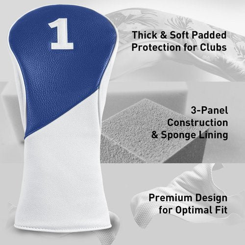 FINGER TEN Golf Club Head Covers for Woods Driver Fairway Hybrid with Interchangeable Number Tag 1 3 5 Premium Leather Headcovers for Women Men (Blue&White, D+F+H)