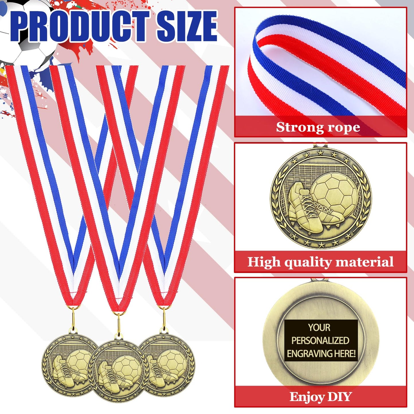 Equsion 36 Pcs 2'' Gold Medals Bulk Volleyball Football Basketball Soccer Baseball Archery Dink Ball Cheer Track Bowling Awards Medals with Ribbons for Sports Participation Winner Gift(Soccer)