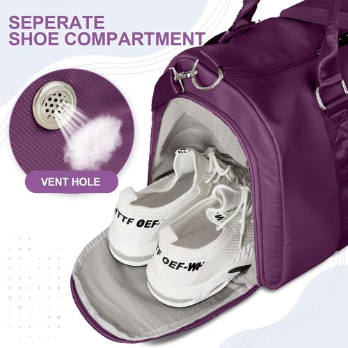 FIORETTO Women's Gym Tote Duffle Bag - Wet Pocket & Shoe Compartment | Dark Purple Sports Bag for Travel & Workouts