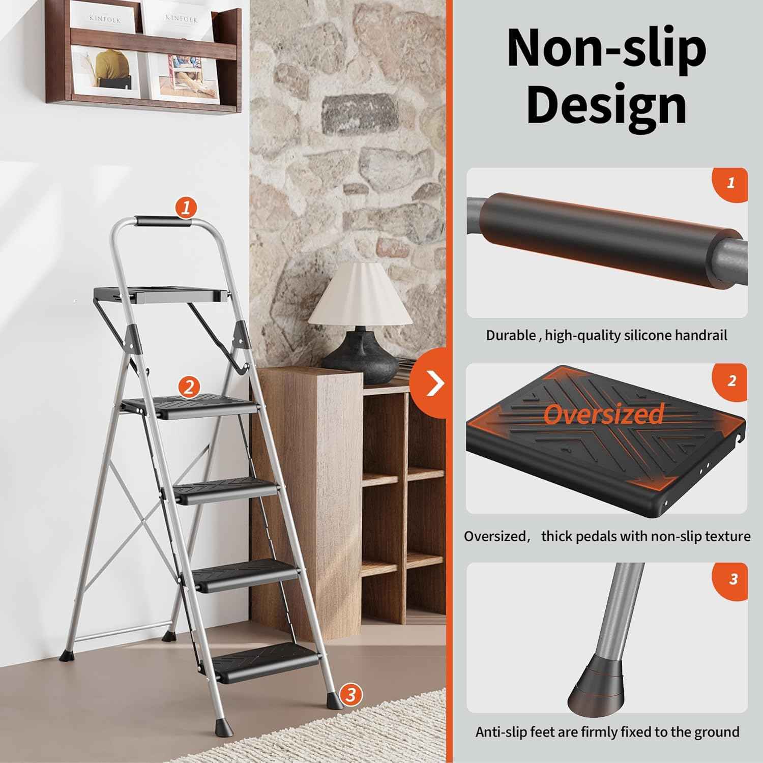 DIAMONDFORGE 4-Step Folding Ladder - Sturdy Steel Construction, Anti-Slip Pedals & Feet, Handgrip - Home Use, White & Red