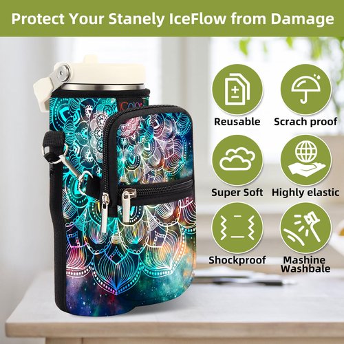 icolor Water Bottle Carrier Bag For Stanley IceFlow Flip Straw Tumbler 30oz YETI/Stanley IceFlow Mug Carrying Holder Neoprene Sleeve Stanley Cup Accessories Pouch Crossbody Sling for Travel Fitness