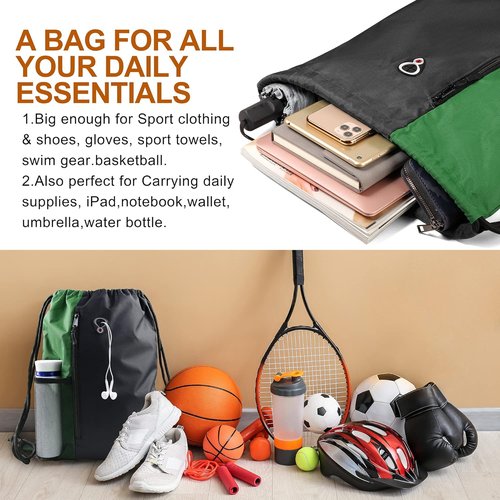 BeeGreen Drawstring Bag - Large Cinch Sackpack with Zipper & Water Bottle Mesh Pockets | Black/Green