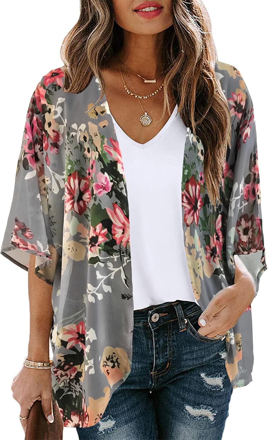 Skiennix Women's Floral Print Kimono Cardigan - Stylish Puff Sleeve Casual Cover-Up Top