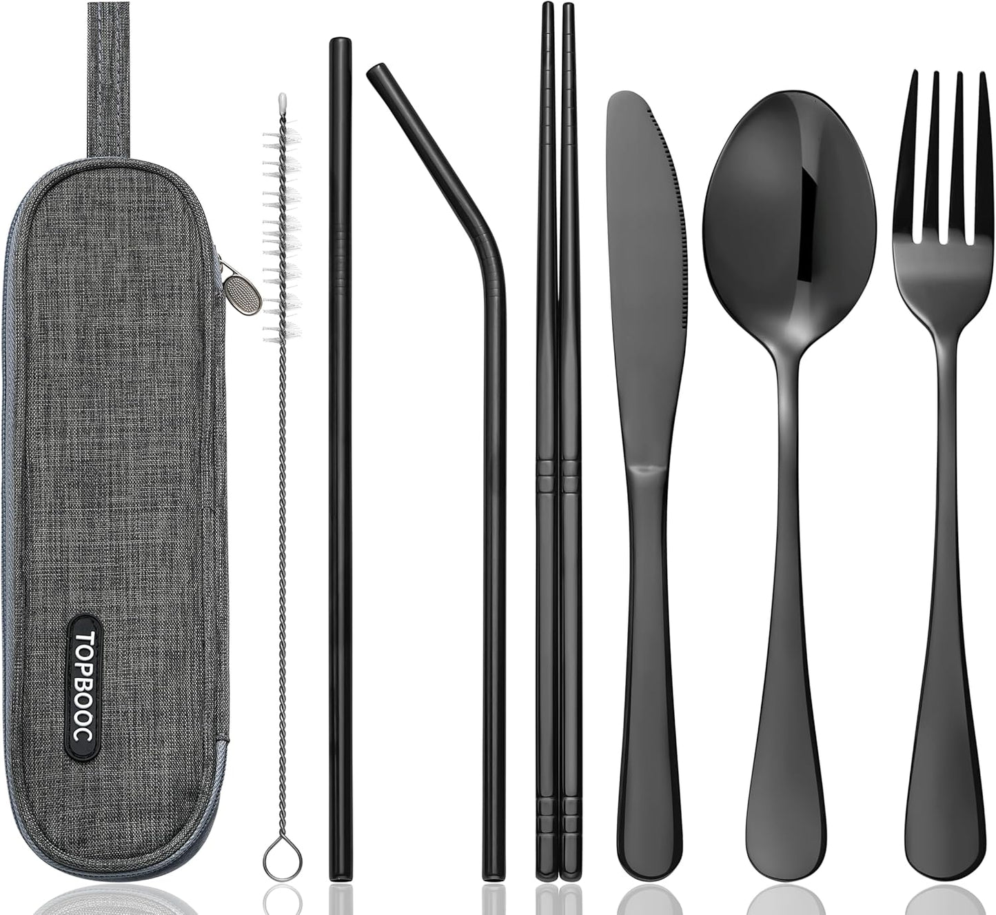 Skiennix Travel Utensils Set - 8-Piece Reusable Stainless Steel Cutlery for Lunchbox & Office | Portable & Dishwasher Safe - Black