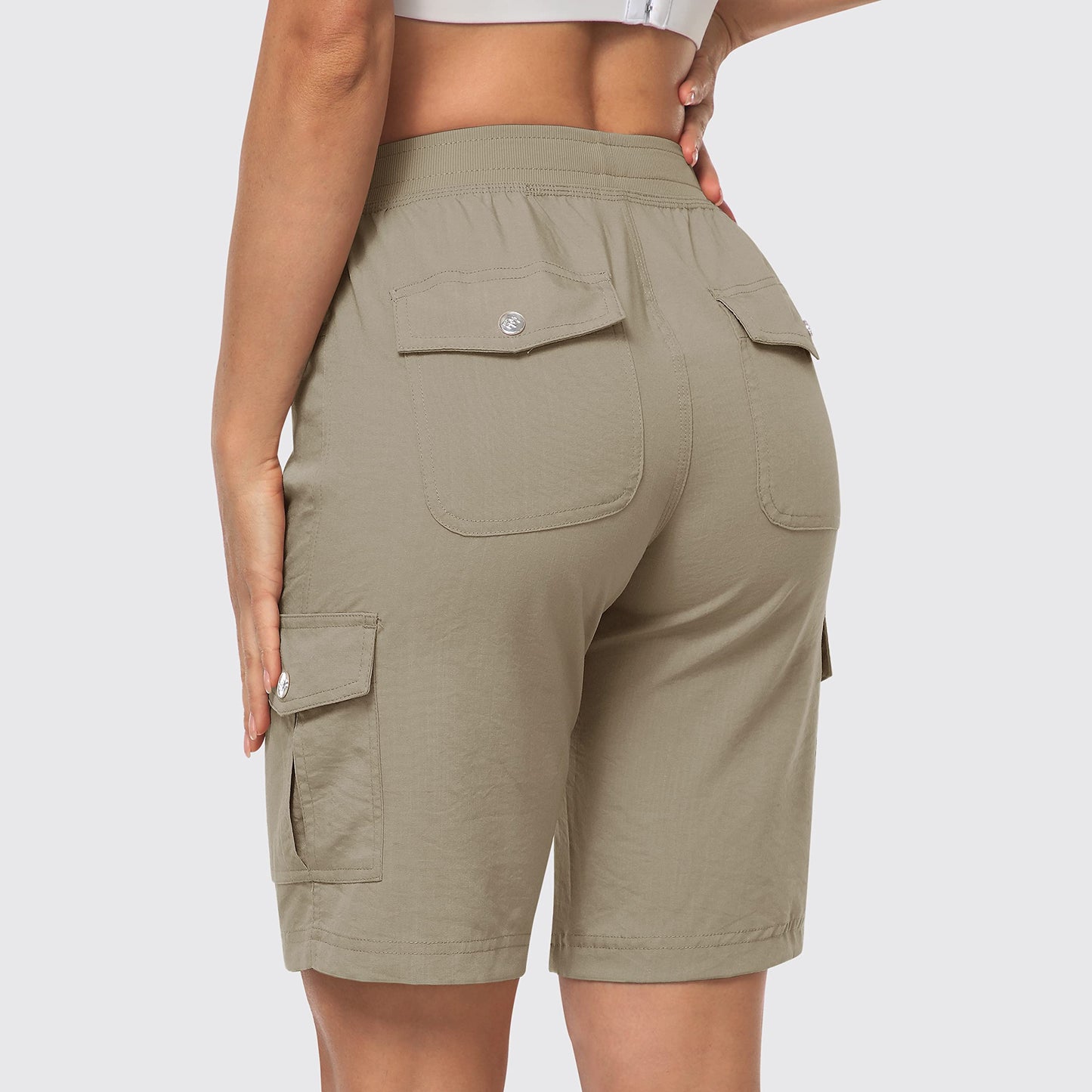 MoFiz Women's Hiking Long Shorts 10" Quick Dry Cargo Shorts for Women Lightweight Knee Length Athletic Shorts with Pockets Khaki XL