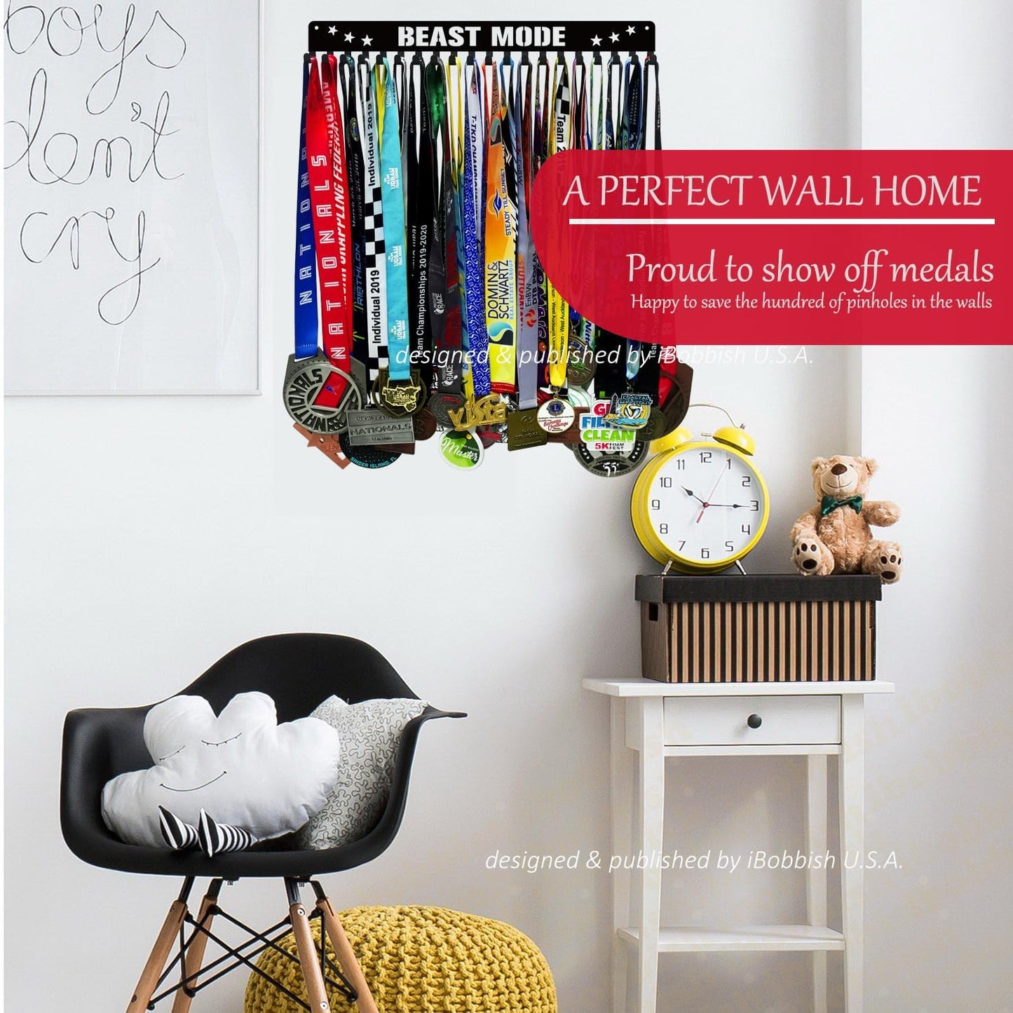 Premium Medal Display Hanger - Never Give Up Design with 20 Hooks | 16-Inch Wall-Mounted Medal Holder for Gymnastics, Race, Soccer, Swim