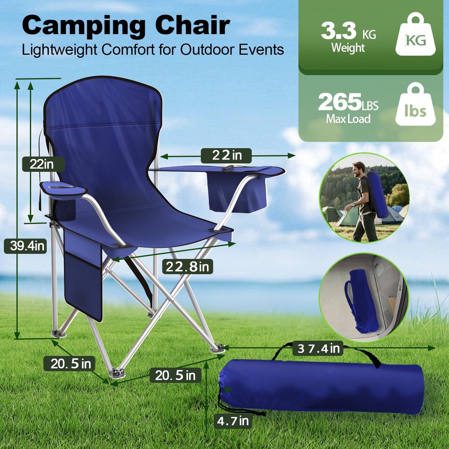 VTOY Folding Camping Chair - Durable 600D Oxford with Cooler Pouch, Cup Holder & Storage Pocket | Portable Outdoor Seating