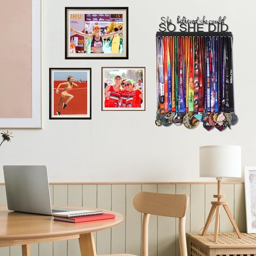 Goutoports Medal Holder Display Hanger - "She Believed She Could" Personalized Wall Hanger | Sturdy Black Steel for 60+ Medals