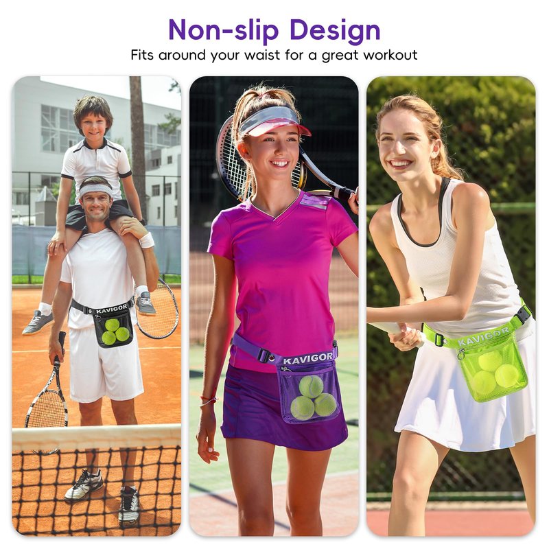 KAVIGOR Pickleball & Tennis Ball Holder Waist Pouch Holds 3-4 Balls, Multi-Functional Sports Belt Bag with Zipper Pocket and Carabiner