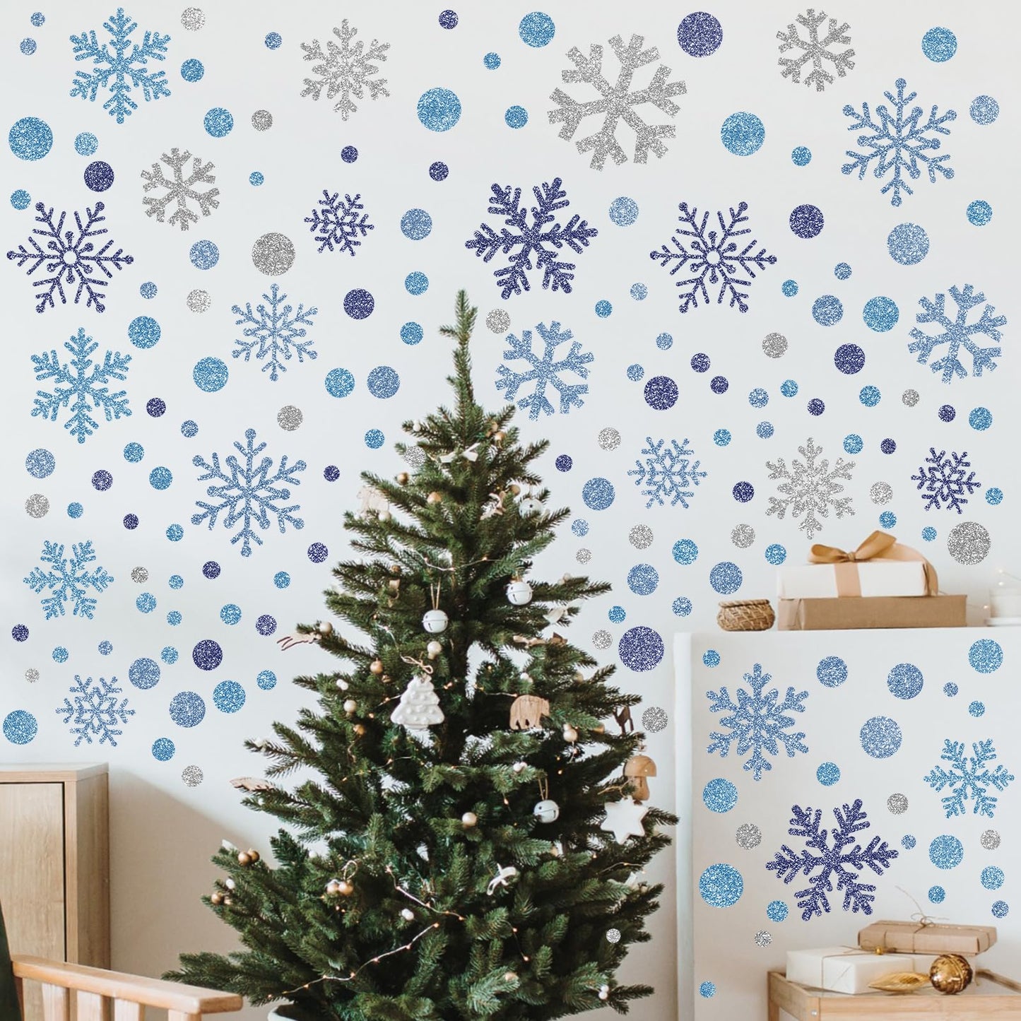 Zhanmai 200 Pcs/ 10 Sheets Christmas Snowflakes Wall Decals Window Clings Blue Silver Snowflake Stickers Peel and Stick Wall Ornament for Winter Removable Christmas Holiday Crafts Supplies