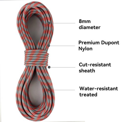 SEAMUS 8mm (5/16in) Prusik Accessory Cord 15M (50ft) UIAA Rock Climbing Rope 14Kn High Tensile Strength Rock Climbing Accessories Cord Double Braid Nylon Cord for Mountain Tree Climbing,Fire Rescue