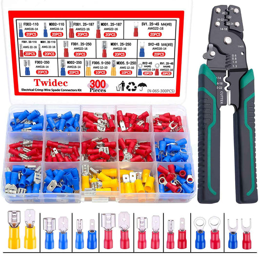 Twidec/300PCS 16Types Spade Crimp Connectors 2.8mm/4.8mm/6.3mm Male and Female Connector kit Includes Spade Fork Ring Insulated Wire Crimp Connectors and Wire Crimper Tool with Stripper Cutter