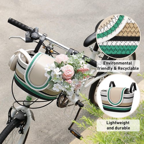 Handmade Bike Basket Front, Woven Bicycle Baskets for Adult Bikes, Rustic Detachable Handlebar Bike Basket for Women Girls with Leather Lid, Adjustable Leather Straps, Green