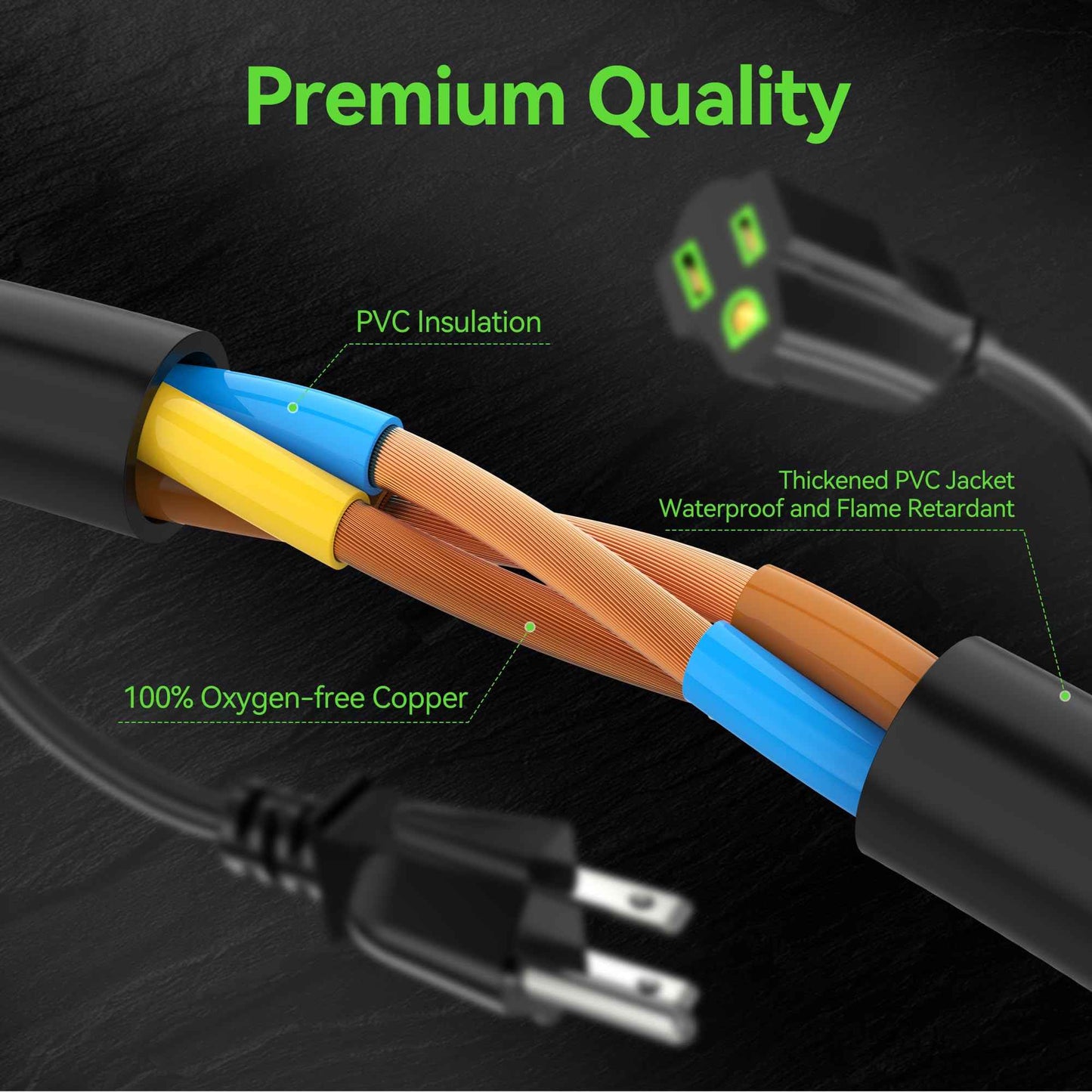 Power Extension Cord 1FT/12Inch(10 Pack), Short 3 Prong Electric Extension Cable Outlet Saver, Single Outlet, Heavy Duty, Waterproof, Flexible, 16 AWG, 13A 125V, Extender Wires with 15 Cable Ties