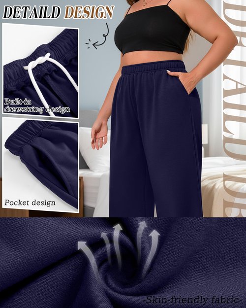 August Alley 3 Pack Women's Plus Size Wide Leg Yoga Pants, Baggy High Waist Lounge Pants, Drawstring Sweatpants with Pockets(Black, Mixed Gray, Navy Blue,3X-Large)