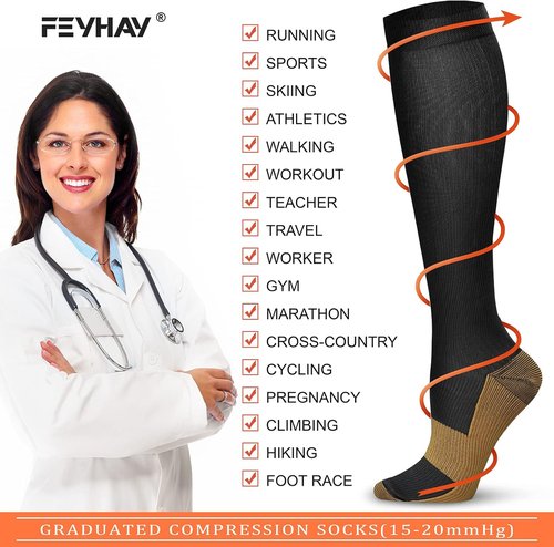 FEYHAY Copper Compression Socks - 15-20 mmHg for Enhanced Circulation | 8 Pairs for Men & Women, Ideal for Running & Climbing