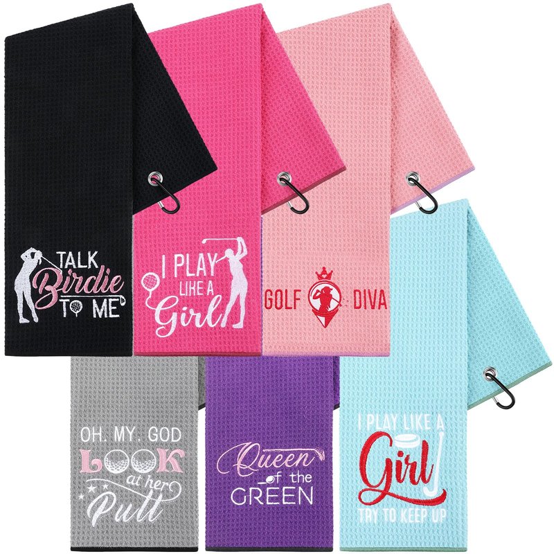Moukeren 6 Pcs Funny Golf Towel for Women Mom Embroidered Ball Towel Gift Swing Swear 16 x 24 Microfiber Waffle for Golf Bag with Clip Accessories for Grandma Aunt Girlfriend Retirement Present