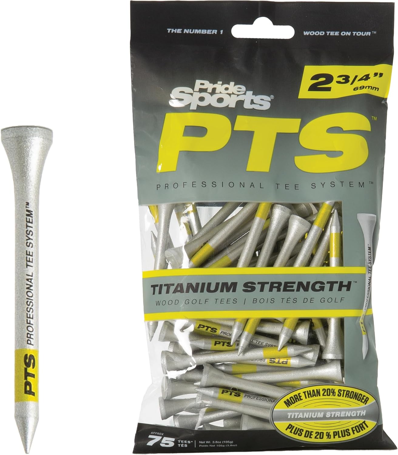 PrideSports PTS Titanium Strength Golf Tees - 75 Count, 2-3/4 Inch | Enhanced Durability with 8% Thicker Shaft