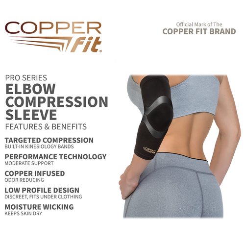Copper Fit Pro Series Performance Compression Elbow Sleeve, Black with Copper Trim, Large