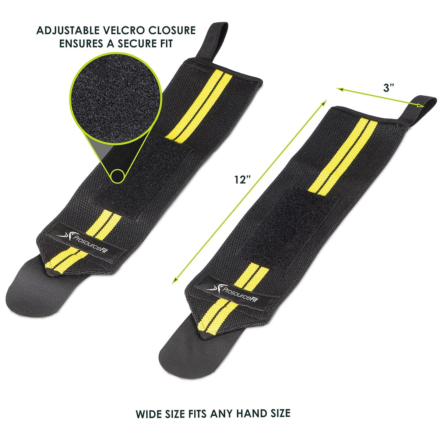 ProsourceFit Barbell Weight Lifting Wrist Wraps - Supportive Design with Thumb Loop | Yellow