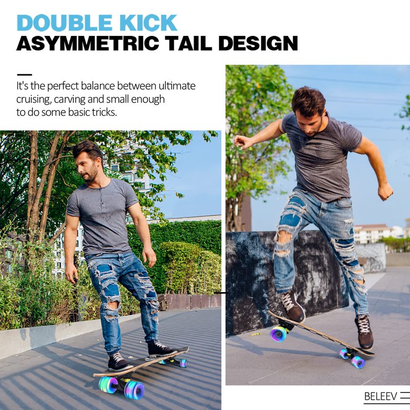 BELEEV Cruiser Skateboards for Kids, 27x8 inch Complete Skateboard for Beginners Teens Adults, 7 Ply Canadian Maple Double Kick Deck Concave Trick Skateboard with LED Light-Up Wheels (Nebula)