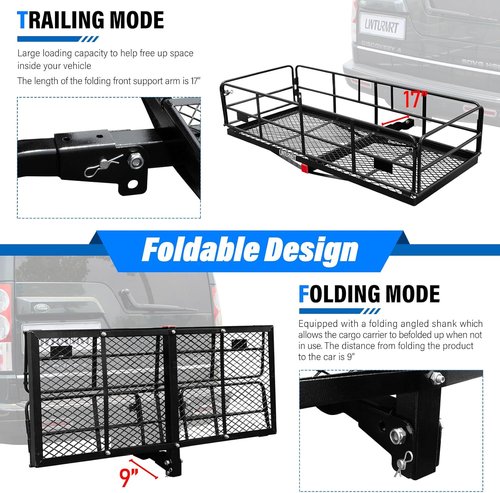 LWTURMRT Cargo Carrier Basket - 58" x 24" Folding Hitch Mount for SUVs | 500LBS Capacity, Black with Bag