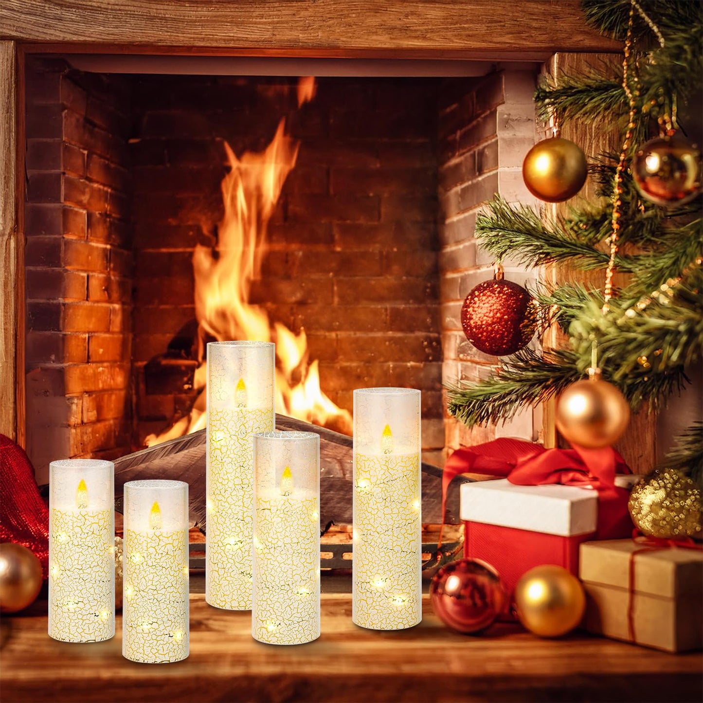 Vicouyi Flameless LED Pillar Candles with Remote Control and Timer, Battery Operated Flickering Electric Candles Set of 5, Crackle Design for Home Decor Wedding Party(D2.2'' x H5''/5''/6''/7''/8'')