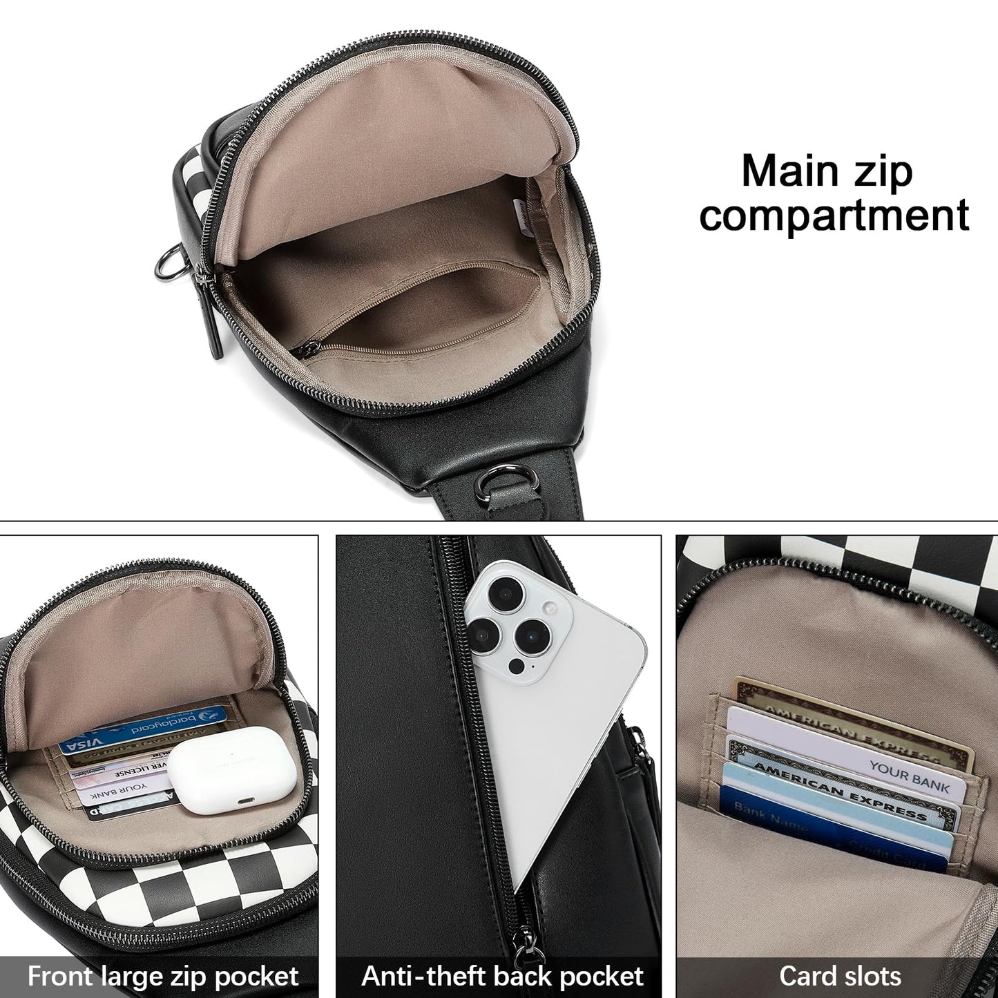 CLUCI Checkered Crossbody Bags for Women Men,Leather Sling Bag Cross Body Backpack for Woman Travel Essentials Birthday Gifts